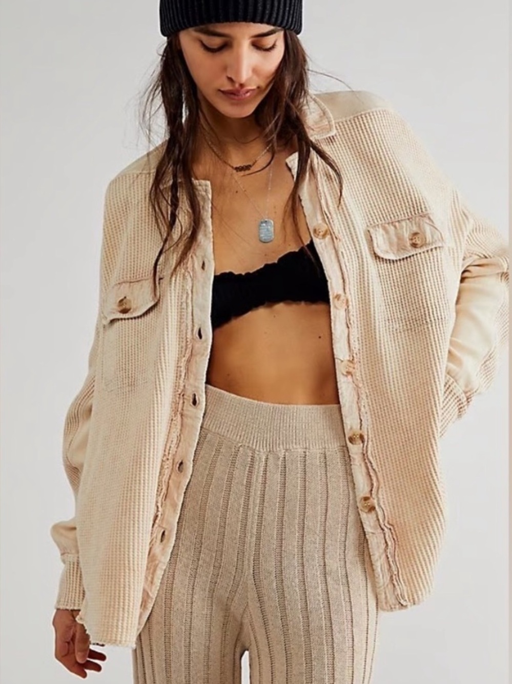 Free People One Scout Jacket Shacket Waffle Thermal Knit Slouchy Nude Sand Sz M